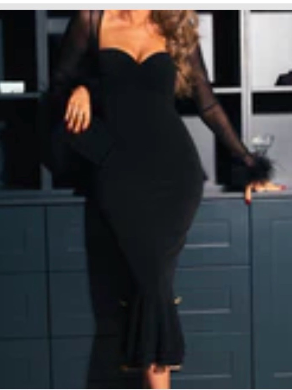 Black Sweetheart Midi Dress with Sheer Sleeves